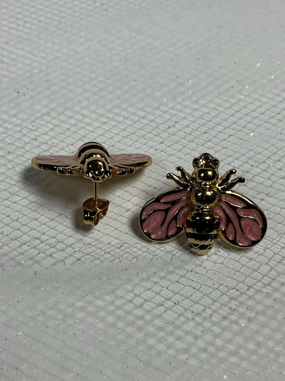 Pink & Black Bee Earrings Hand Painted Enamel Hypoallergenic Post Drop Goldtone - Picture 5 of 16
